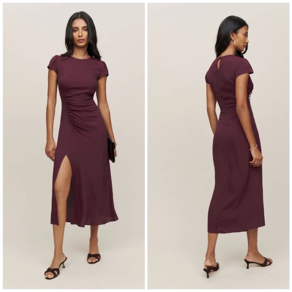 Reformation Dresses & Skirts - Reformation Frasier Midi Dress Button Side Ruched High Slit Prune Size 4